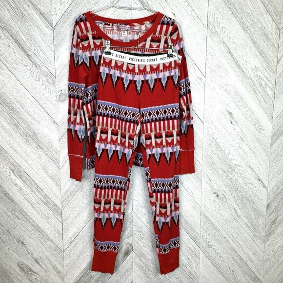 Victorias Secret Pajama PJ Set Womens Small Thermal Fair Isle Ski Red Holiday - Picture 1 of 7